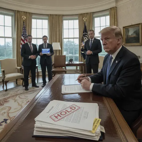 AI-generated editorial photograph: Trump puts new Russia sanctions that he recently signed into law on hold, citing national interest