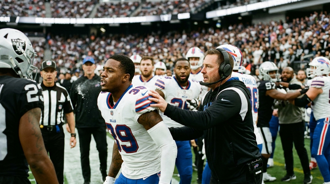 Authentic editorial documentary photograph: Bills S Sam Franklin suspended one game for spitting at a Raiders player