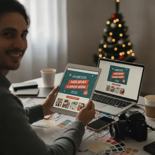 AI-generated editorial photograph: The Best Mixbook Sale for Holiday Cards (2026)