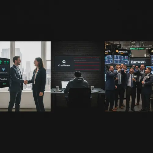 AI-generated editorial photograph: Sandisk and Lumentum Bounce Back From AI Selloff as CoreWeave Sits Out the Rally - Barron's