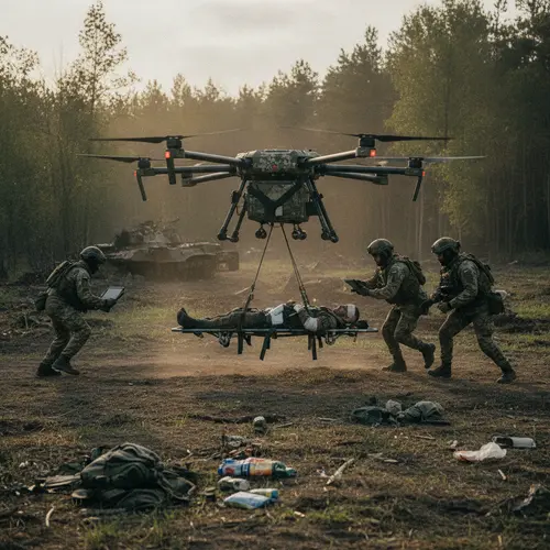 AI-generated editorial photograph: Ukraine claims first drone evacuation of wounded soldier