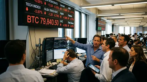 Authentic editorial documentary photograph: Bitcoin Drops Under $82,000 After Tech Earnings Rattle Markets