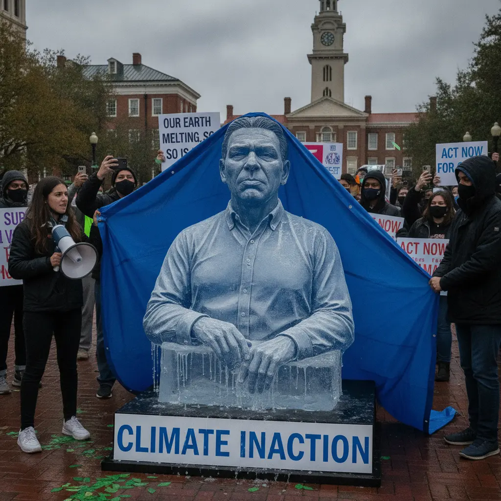AI-generated editorial photograph: Protesters unveil melting Ron DeSantis statue to signify his inaction on climate crisis