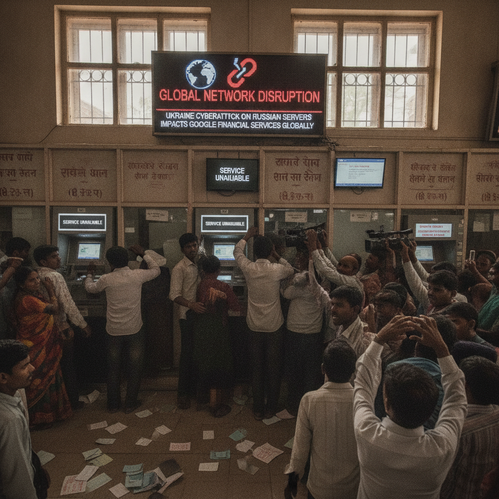 AI-generated editorial photograph: Ukraine Strike On 'Russian Google' Leaves Millions With No Access To Money