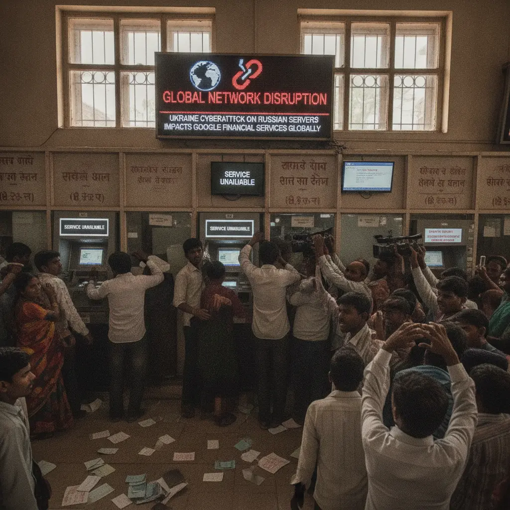 AI-generated editorial photograph: Ukraine Strike On 'Russian Google' Leaves Millions With No Access To Money
