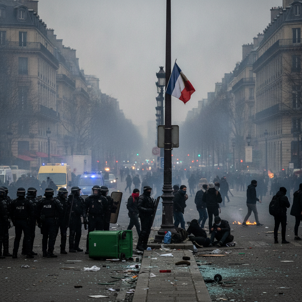 AI-generated editorial photograph: France faces reckoning with public order policing after violent protest weekend