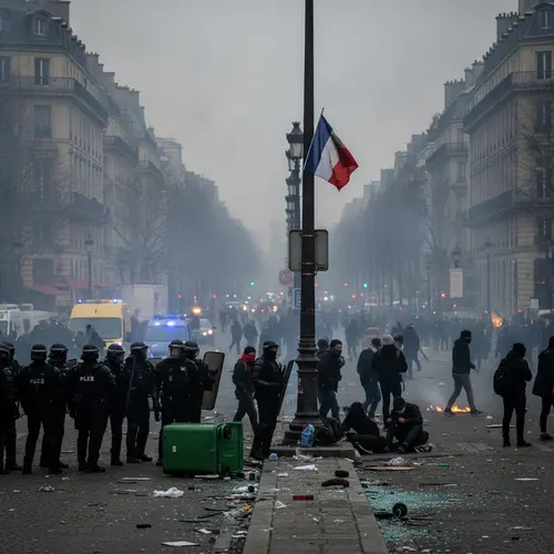 AI-generated editorial photograph: France faces reckoning with public order policing after violent protest weekend