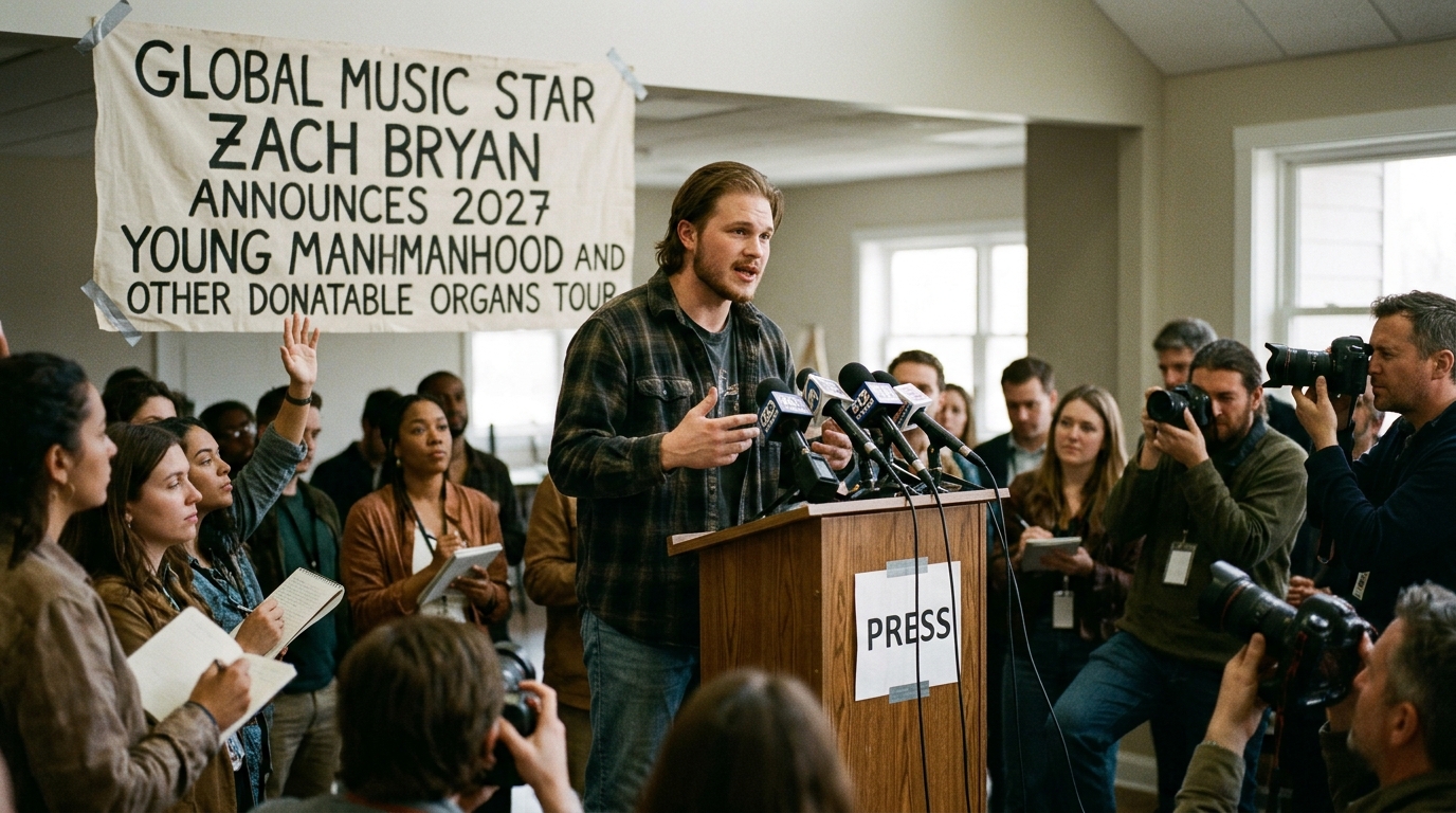 Authentic editorial documentary photograph: Global Music Star Zach Bryan Announces 2027 Young Manhood and Other Donatable Organs Tour