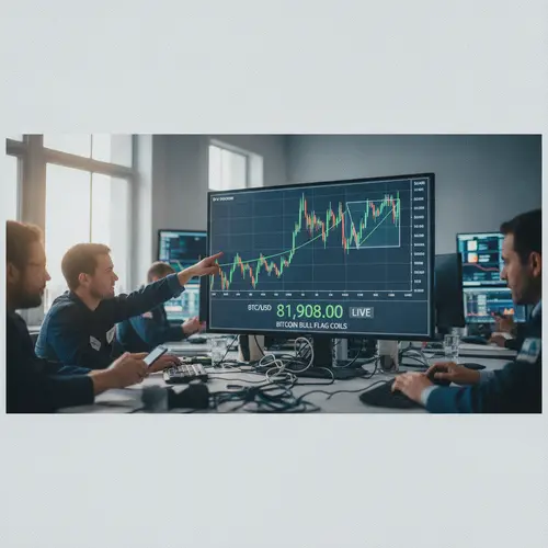 AI-generated editorial photograph: Bitcoin bull flag coils at $81,908: Live levels