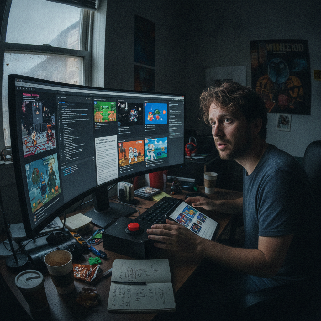 AI-generated editorial photograph: AI game clones are making indie developers afraid to show their work