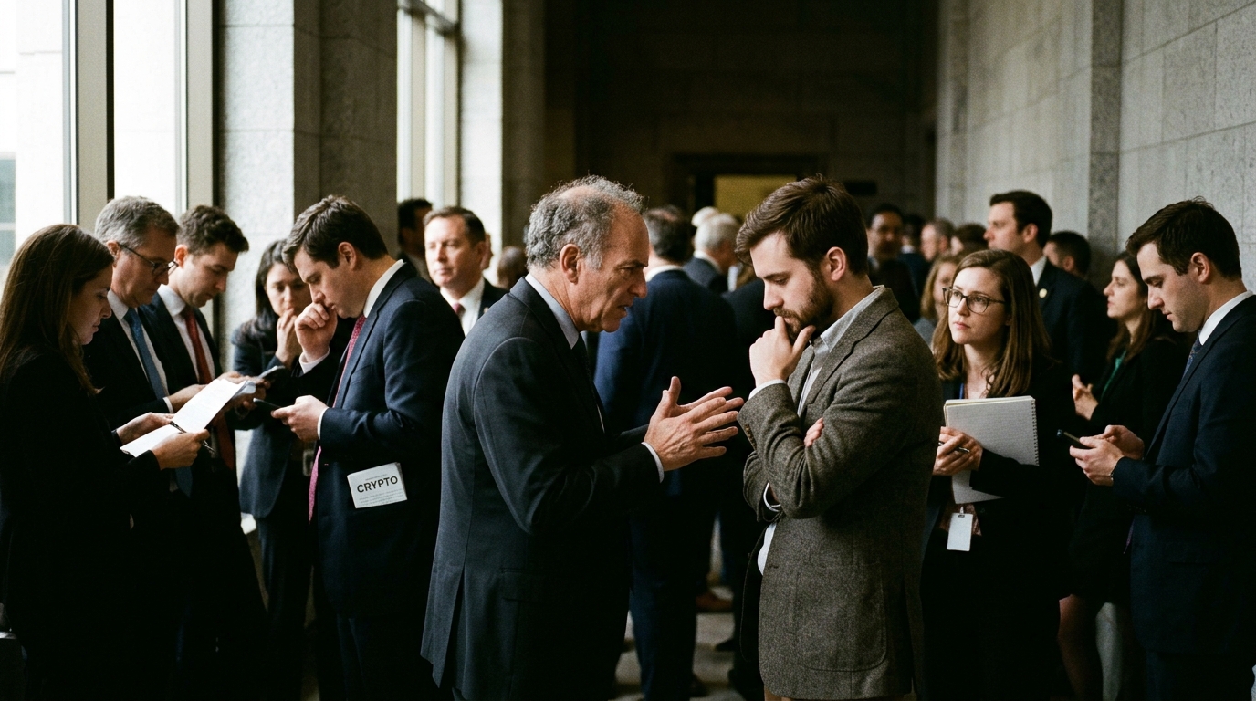 Authentic editorial documentary photograph: Stablecoin yield rule revives crypto vs. banking industry fight