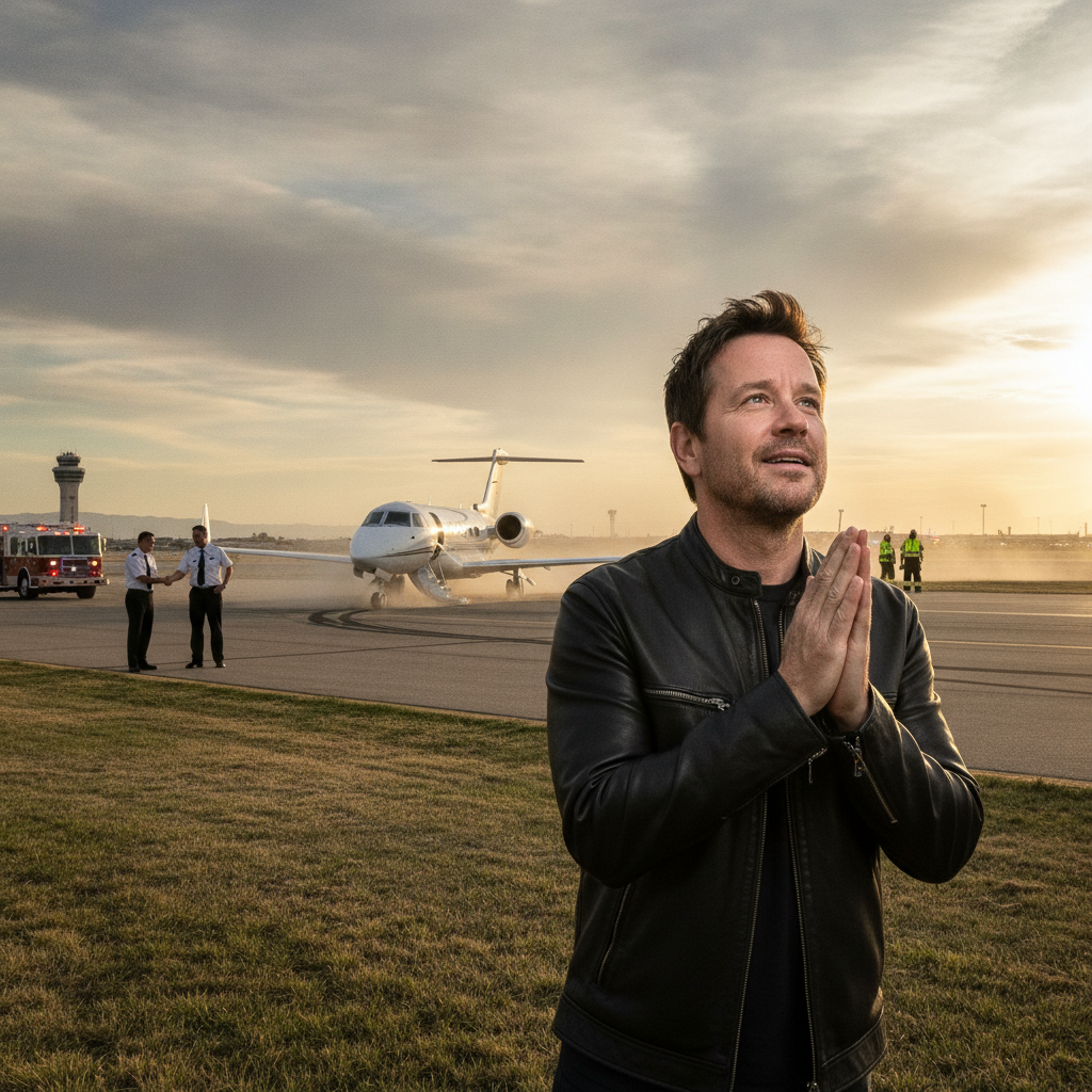 AI-generated editorial photograph: Donnie Wahlberg praises God and pilots after plane skidded off runway at Las Vegas airport