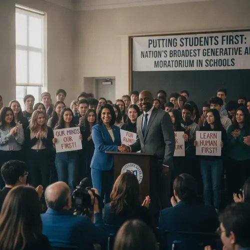 AI-generated editorial photograph: Mayor Mamdani and Chancellor Samuels Put Students First with Nation’s Broadest Generative AI Moratorium in Schools