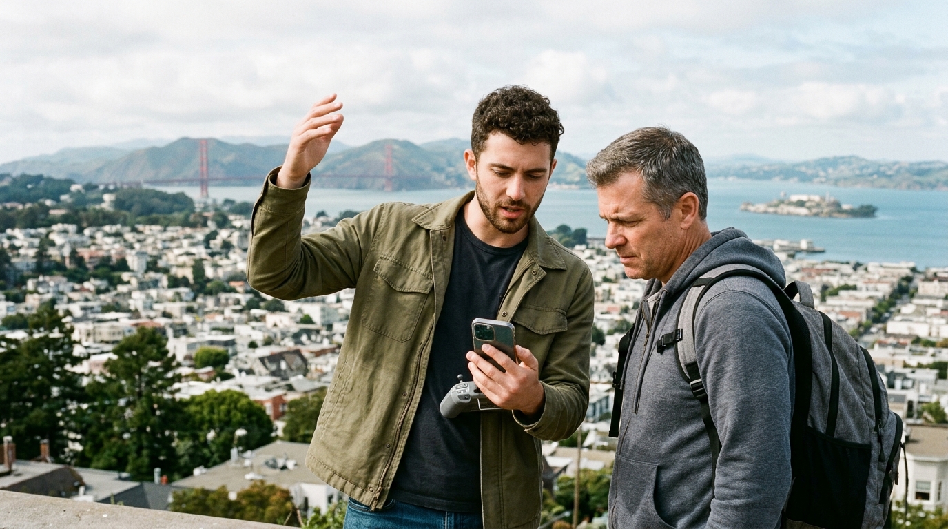 Authentic editorial documentary photograph: Show HN: Dovepass – can I legally fly a drone along this exact path in SF?