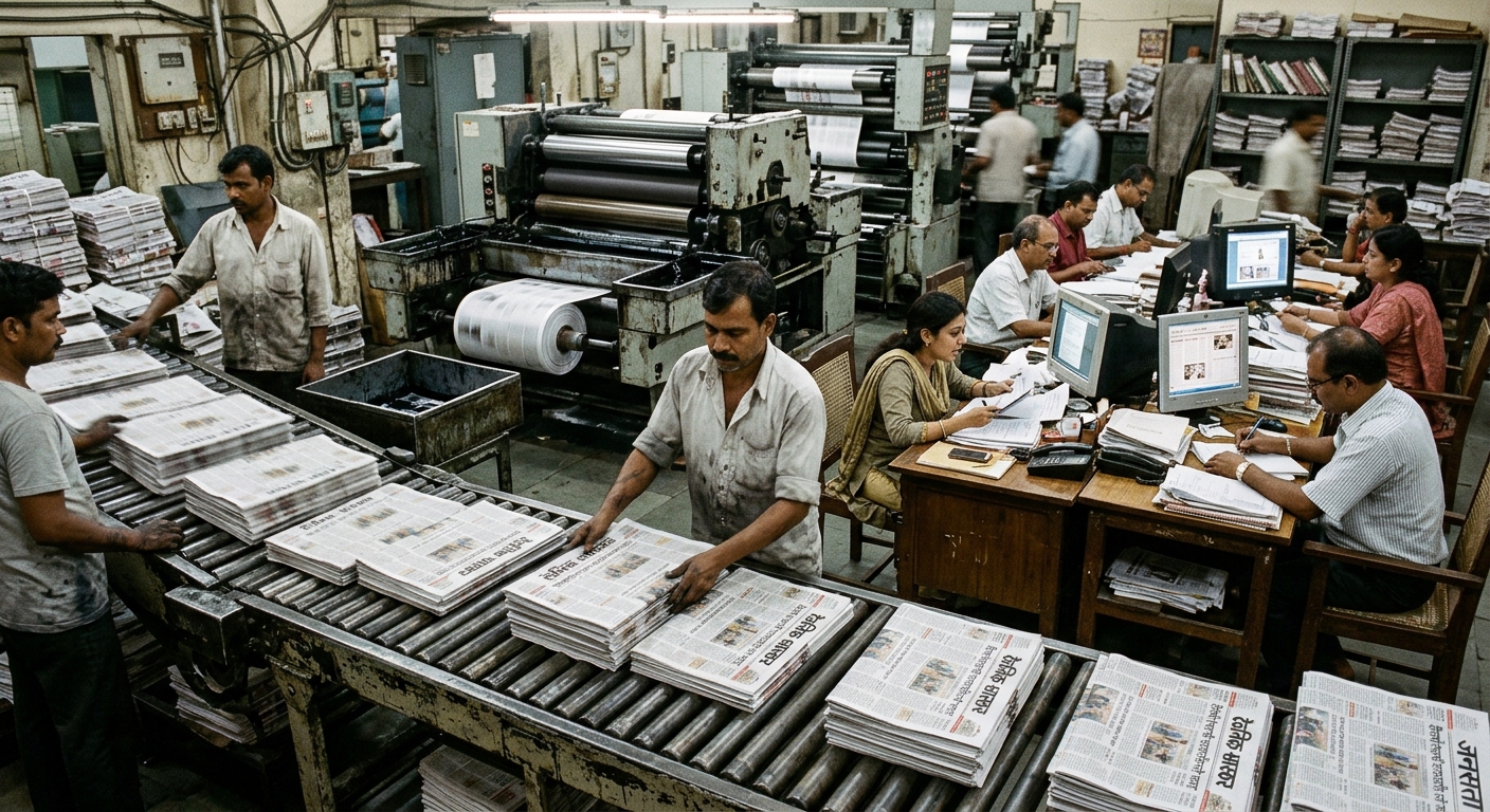 Vernacular newspaper printing press floor and newsroom operations in North India — editorial documentary photojournalism