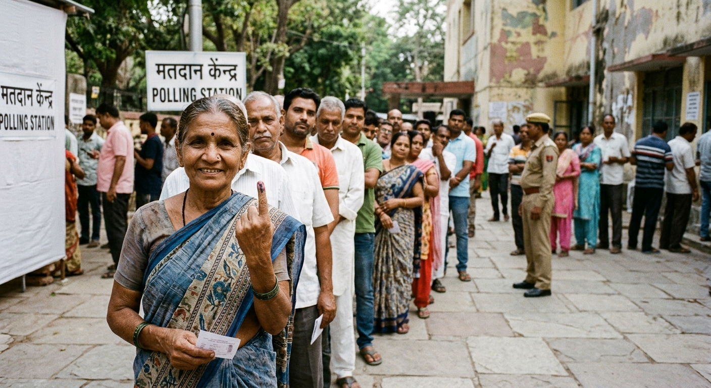 Citizens participate in parliamentary electoral process at a regional polling booth in India — editorial documentary photojournalism