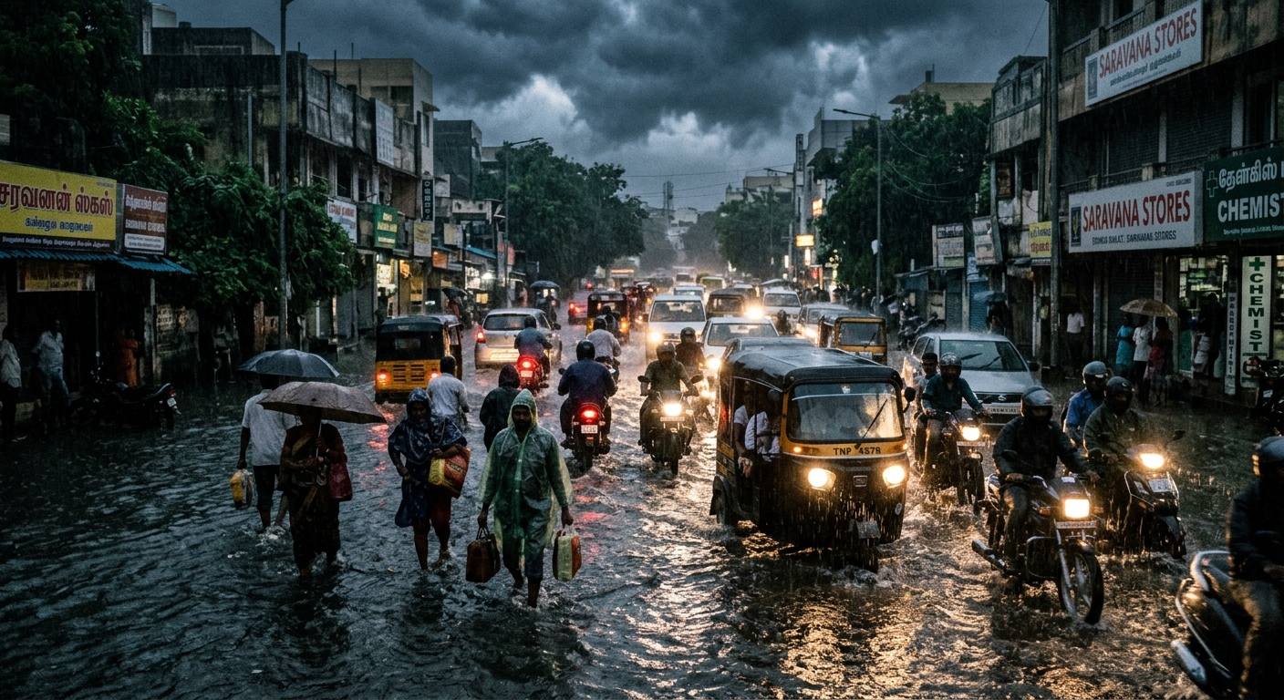 Torrential monsoon rain and storm clouds impact coastal southern India — editorial documentary photojournalism