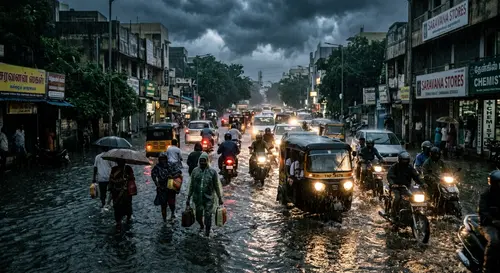 Torrential monsoon rain and storm clouds impact coastal southern India — editorial documentary photojournalism