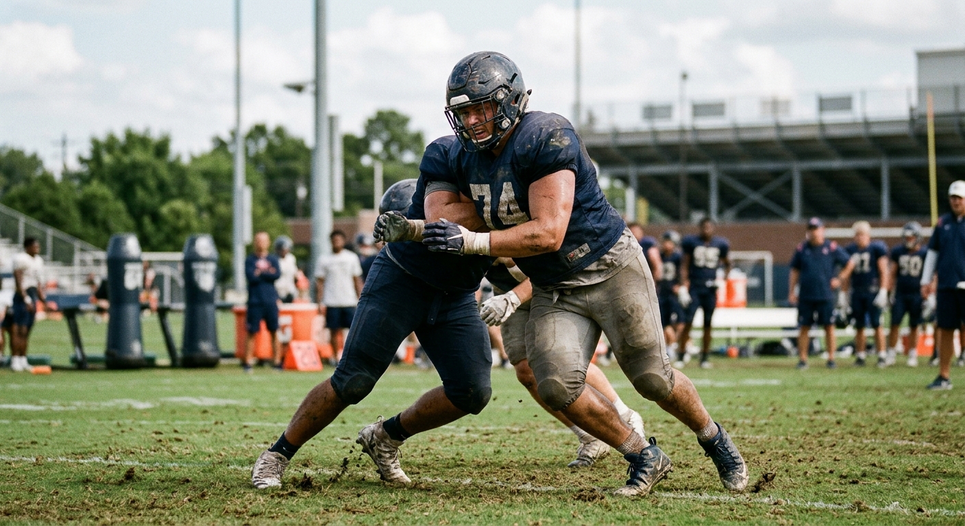 American football defensive tackle in practice drills on the field — editorial sports photography