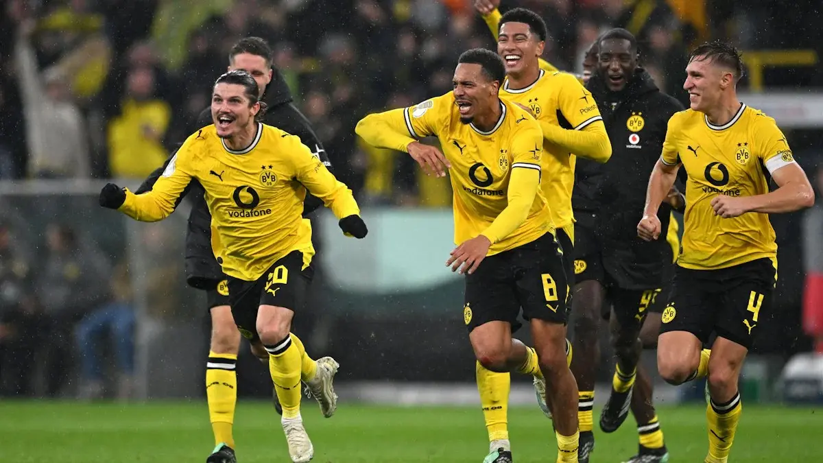 Authentic publisher wire photograph: Sabitzer Free-Kick Stunner Lifts Dortmund Past Bremen in Five-Goal Cup Thriller